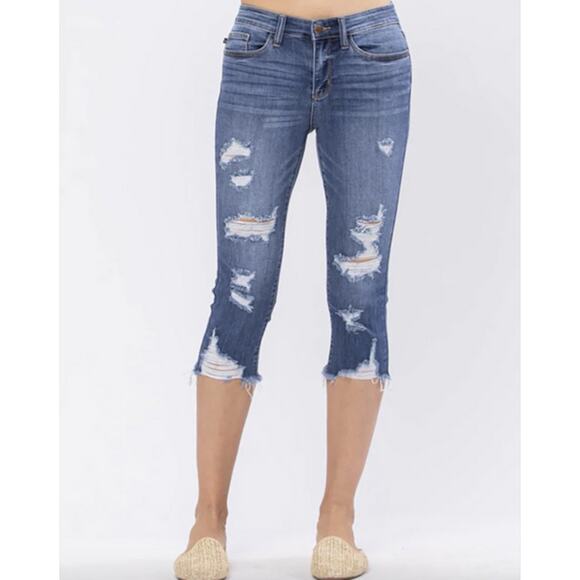 Judy Blue 7 / 28 Skinny Fit Capri Jeans Althea Mid Rise Distressed Stretch Denim - Picture 1 of 16